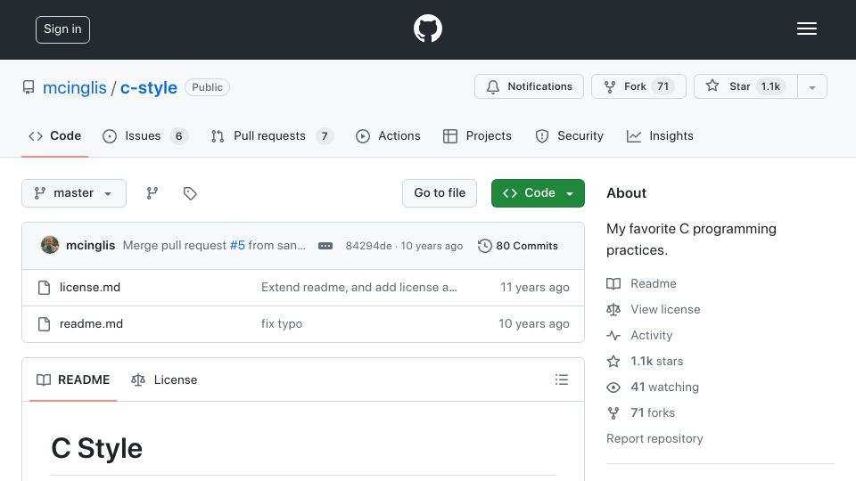 Screenshot of github.com: C Style: My favorite C programming practices (2014)