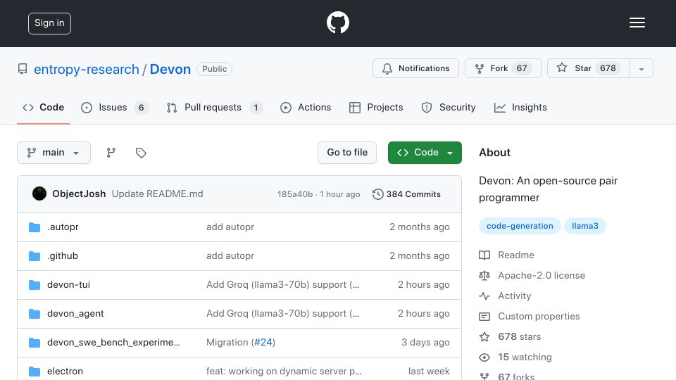 Screenshot of github.com: Devon: An open-source pair programmer