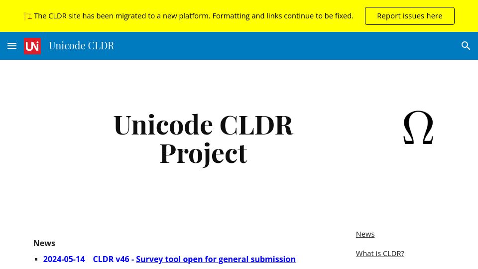 Screenshot of cldr.unicode.org: Unicode CLDR Project