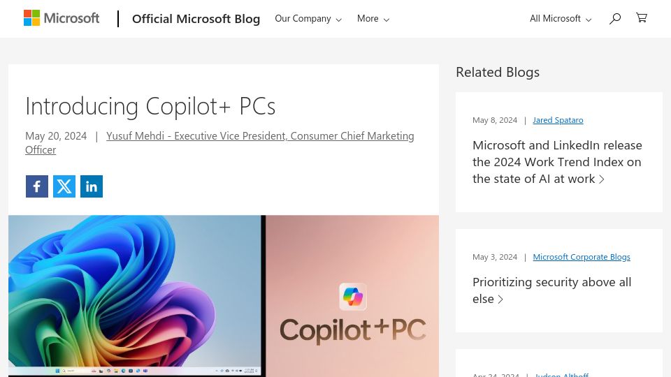 Screenshot of blogs.microsoft.com: Introducing Copilot+ PCs