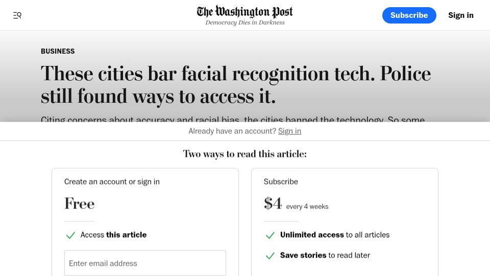 Screenshot of washingtonpost.com: Police in Austin, San Francisco skirt facial recognition ban