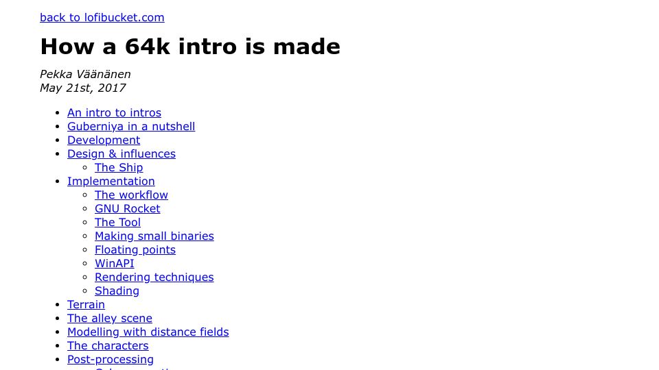 Screenshot of lofibucket.com: How a 64k intro is made (2017)