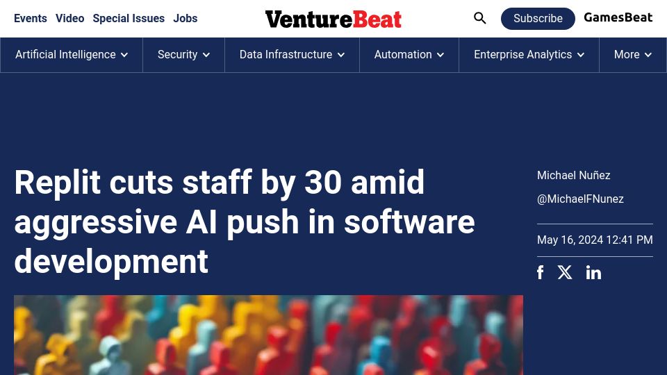 Screenshot of venturebeat.com: Replit cuts staff by 30 amid aggressive AI push in software development