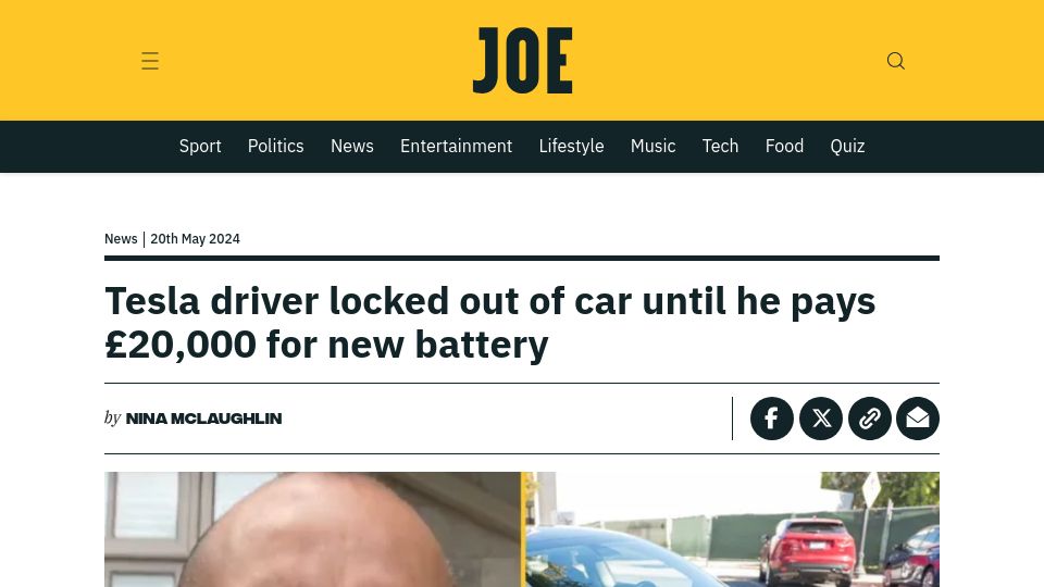 Screenshot of joe.co.uk: Tesla driver locked out of car until he pays £20k for new battery