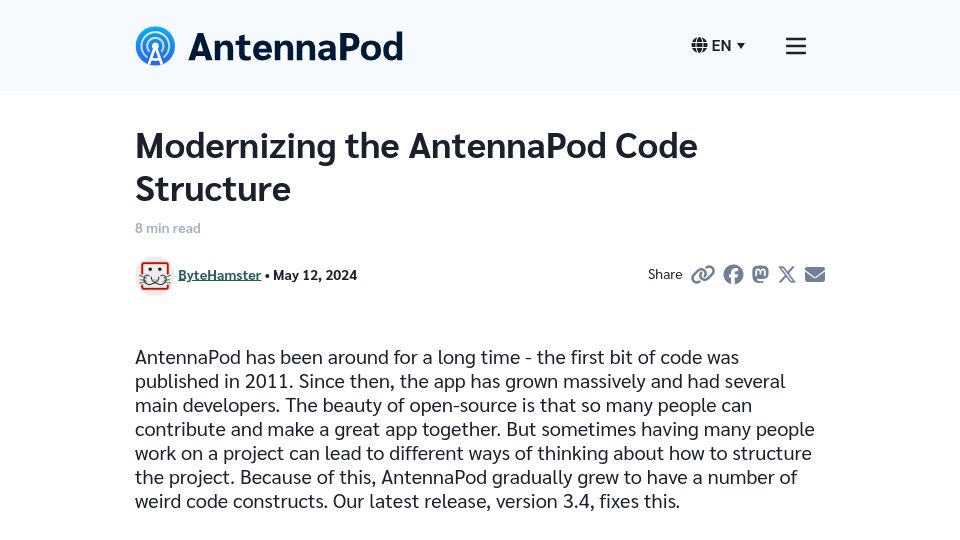 Screenshot of antennapod.org: Modernizing the AntennaPod Code Structure