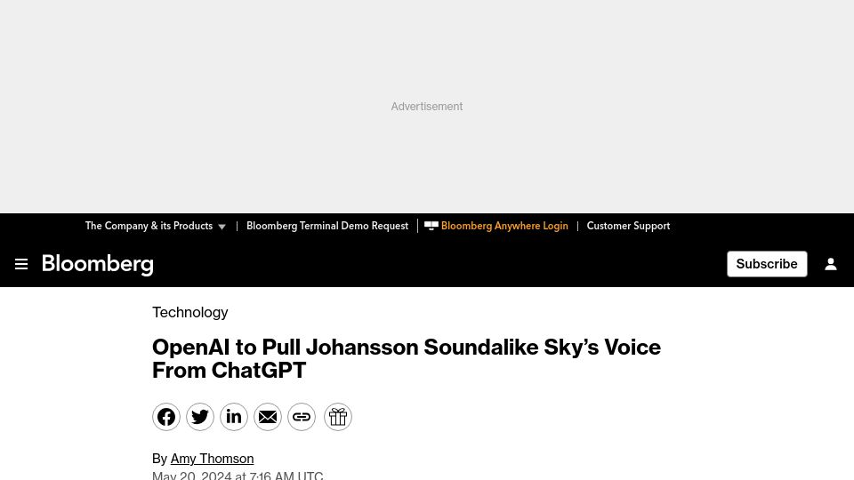 Screenshot of bloomberg.com: OpenAI to Pull Scarlet Johansson Soundalike Sky's Voice from ChatGPT