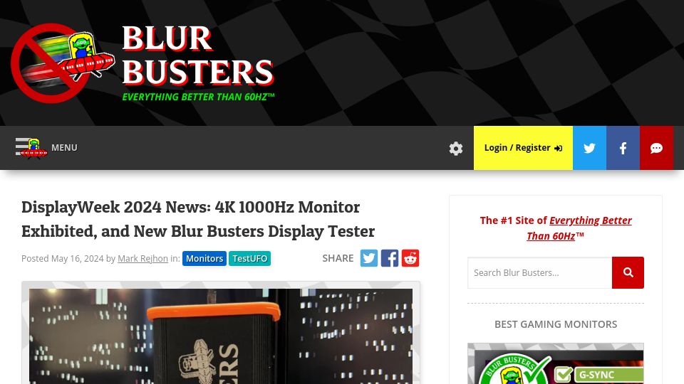 Screenshot of blurbusters.com: 4K 1000Hz Monitor Exhibited