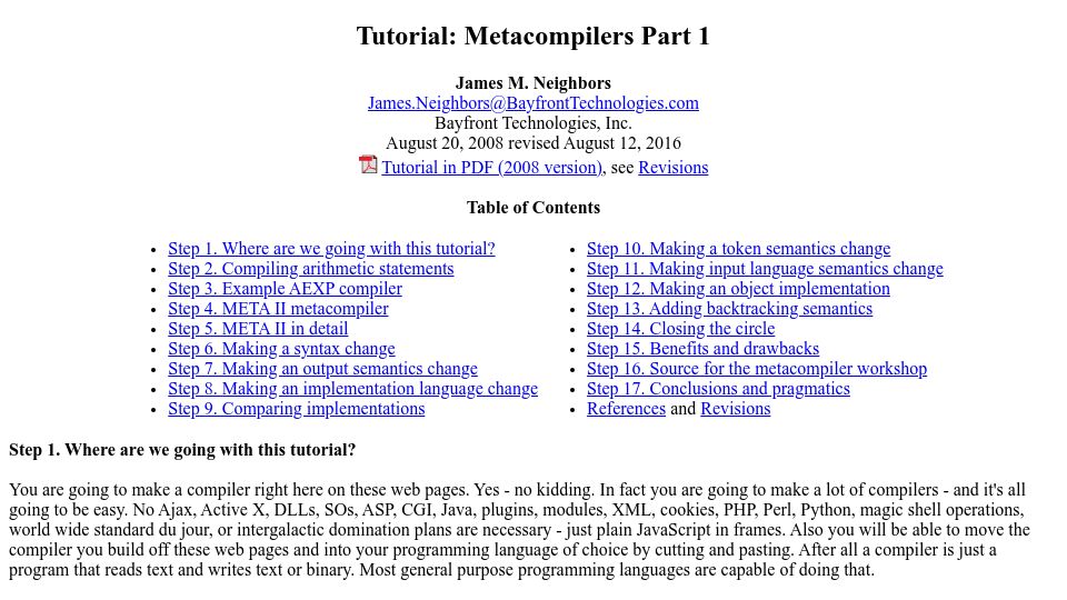 Screenshot of bayfronttechnologies.com: Tutorial: Metacompilers Part 1 (2016)