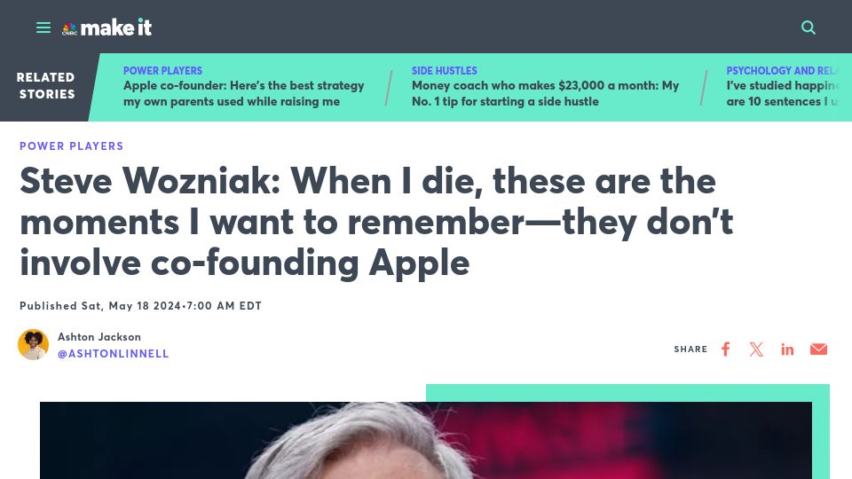 Screenshot of cnbc.com: Steve Wozniak: When I die these are the moments I want to remember
