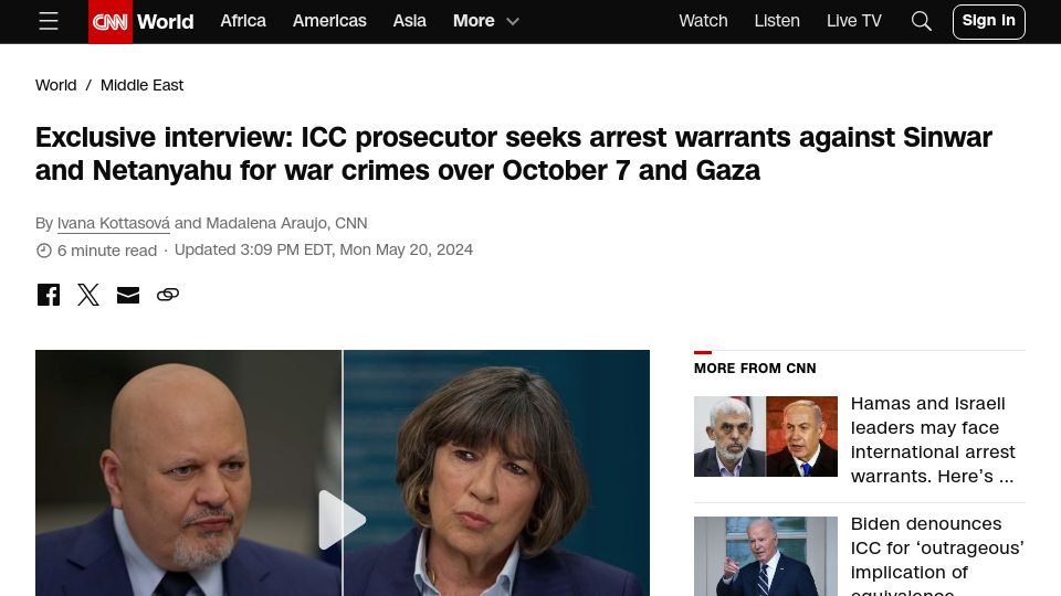 Screenshot of cnn.com: ICC prosecutor seeks arrest warrants against Sinwar and Netanyahu for war crimes