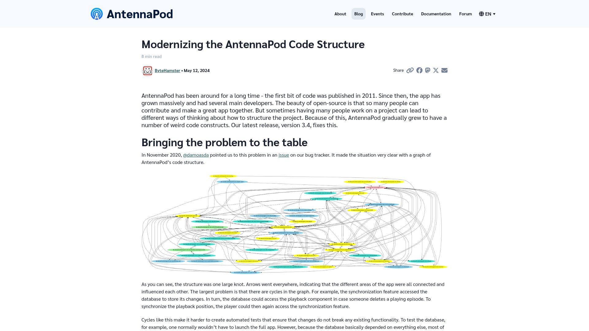 Screenshot of antennapod.org: Modernizing the AntennaPod Code Structure