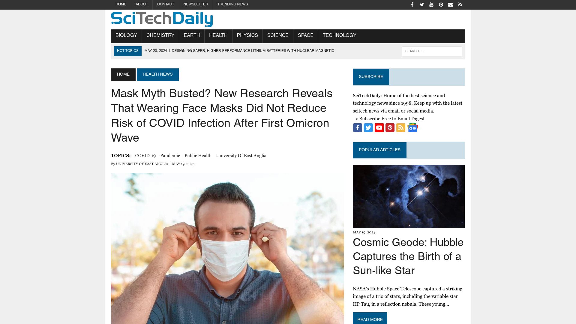 Screenshot of scitechdaily.com: New Research: Masks Didn't Reduce Covid Infection Risk After First Omicron Wave