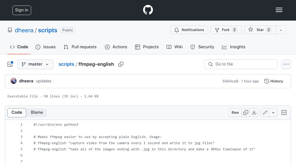 Screenshot of github.com: Show HN: ffmpeg-english "capture from /dev/video0 every 1 second to jpg files"