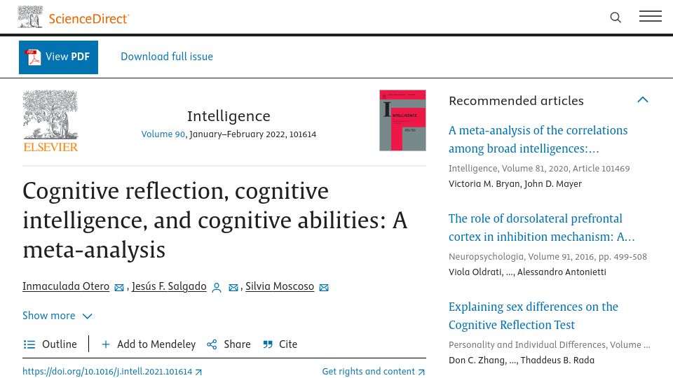 Screenshot of sciencedirect.com: Cognitive reflection, intelligence, and cognitive abilities: A meta-analysis
