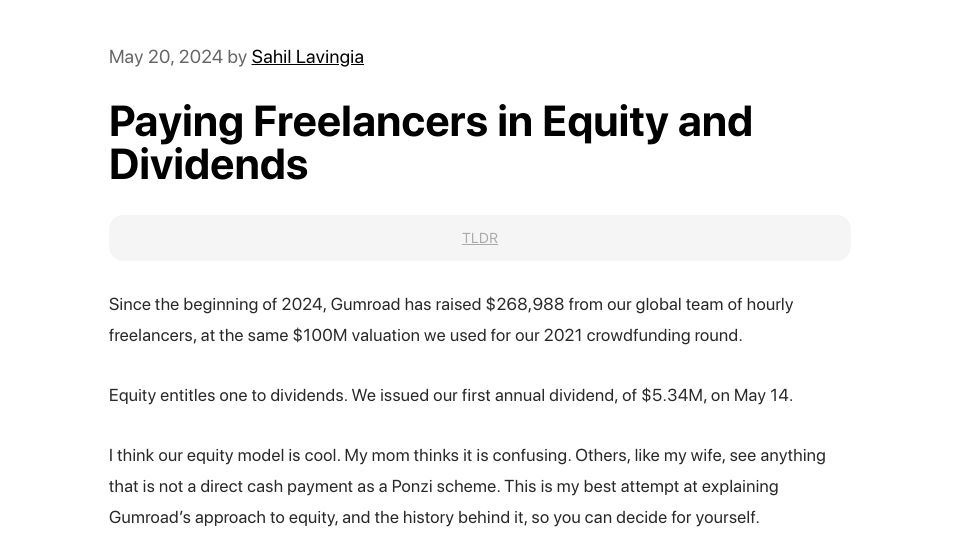 Screenshot of sahillavingia.com: Paying freelancers in equity and dividends