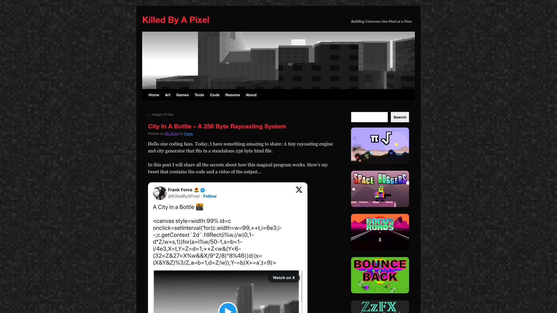 Screenshot of frankforce.com: City in a Bottle – A 256 Byte Raycasting System
