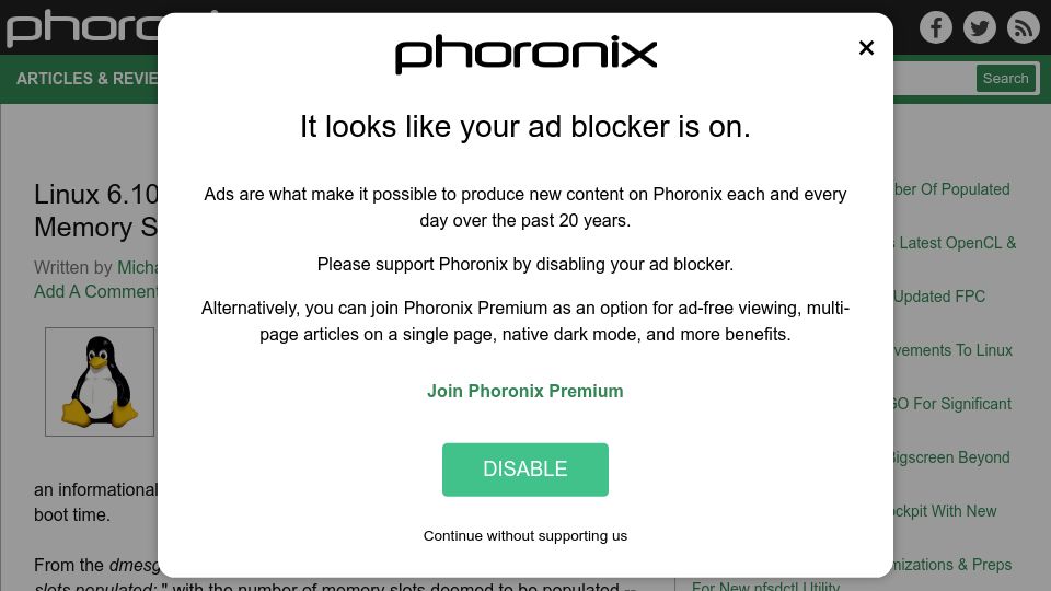 Screenshot of phoronix.com: Linux 6.10 Will Print the Number of Populated Memory Slots at Boot Time