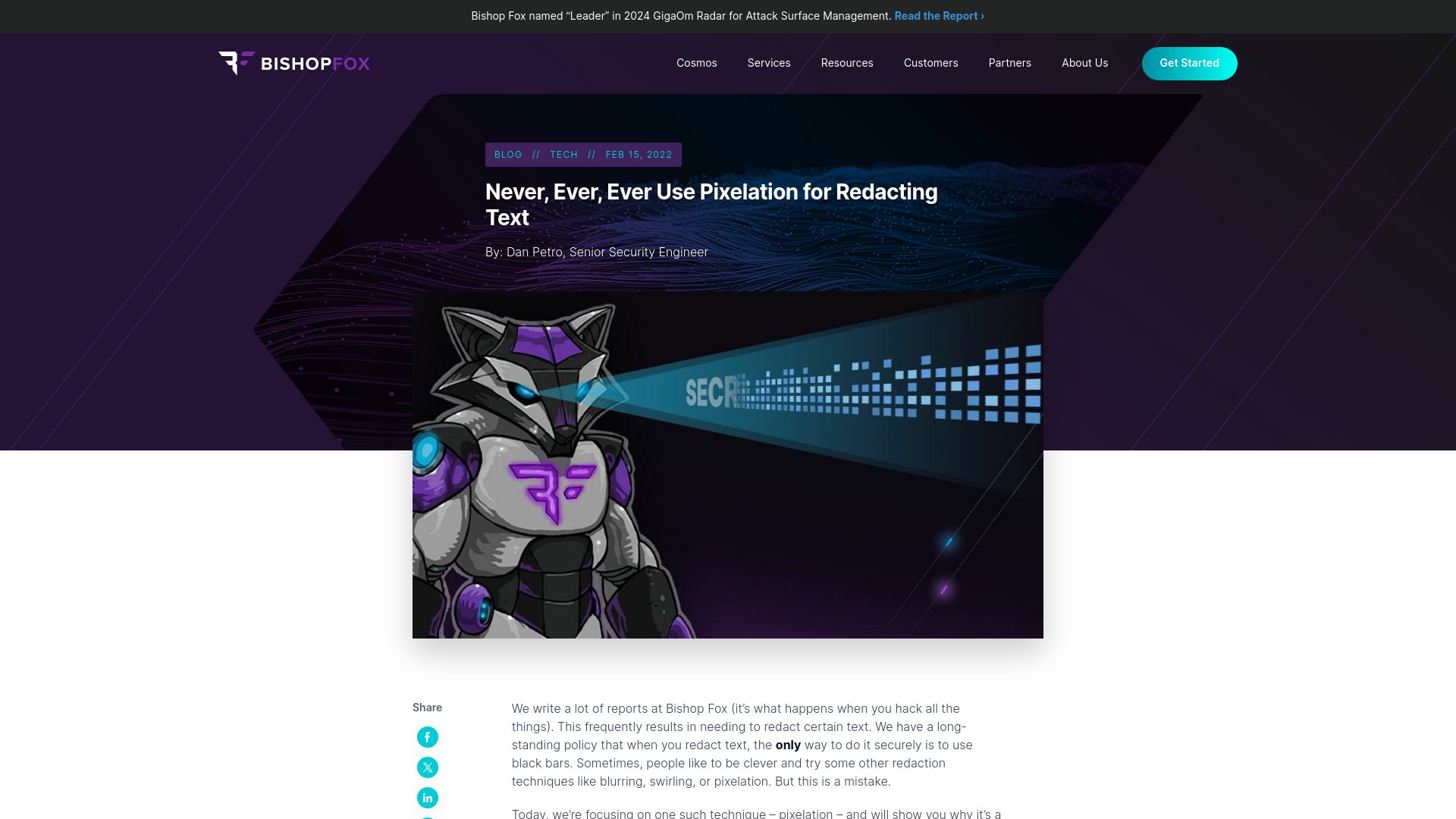 Screenshot of bishopfox.com: Never, Ever, Ever Use Pixelation for Redacting Text