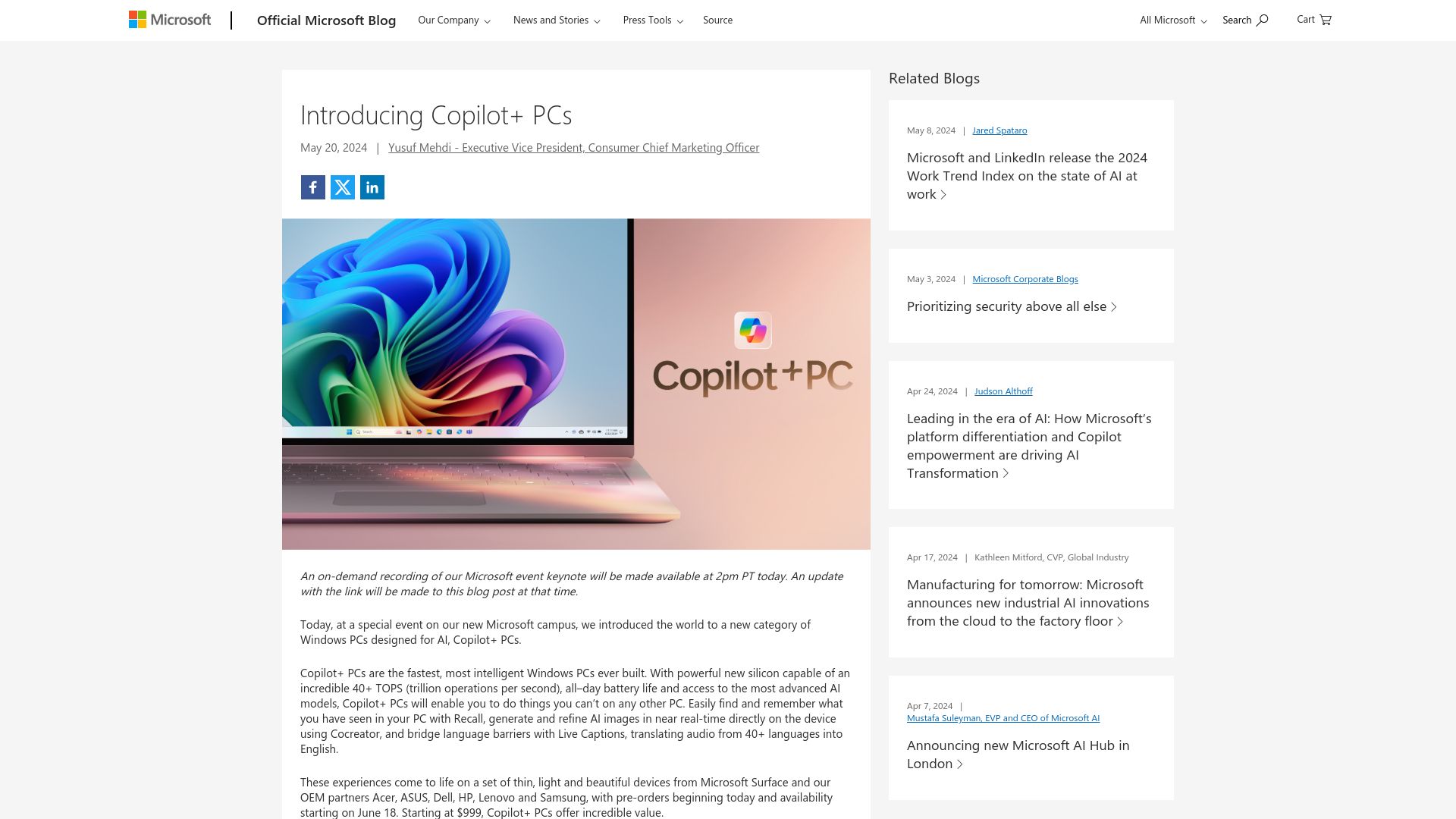 Screenshot of blogs.microsoft.com: Introducing Copilot+ PCs