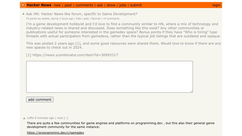 Screenshot of Hacker News post: Ask HN: Hacker News-like forum, specific to Game Development?