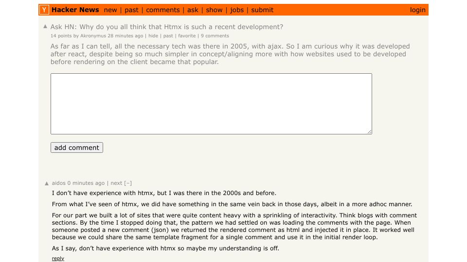 Screenshot of Hacker News post: Ask HN: Why do you all think that Htmx is such a recent development?
