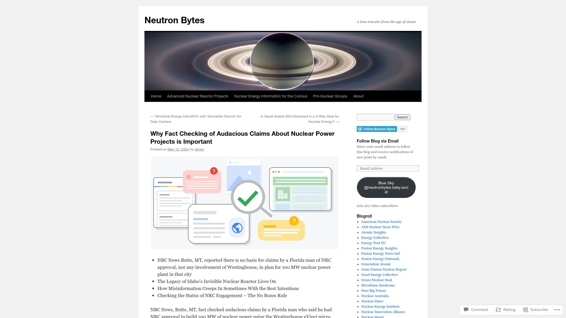 Screenshot of neutronbytes.com: Fact checking of claims about nuclear power projects