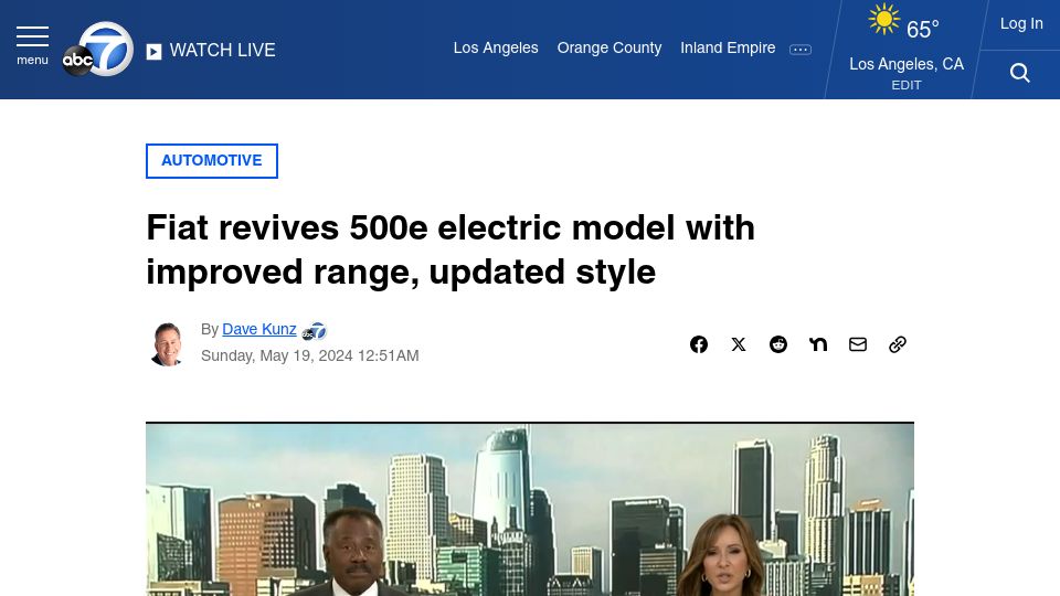Screenshot of abc7.com: Fiat brings back its 500e electric model for 2024, with 149 mile range