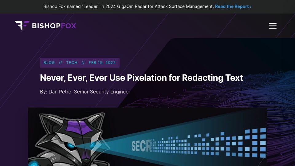 Screenshot of bishopfox.com: Never, Ever, Ever Use Pixelation for Redacting Text