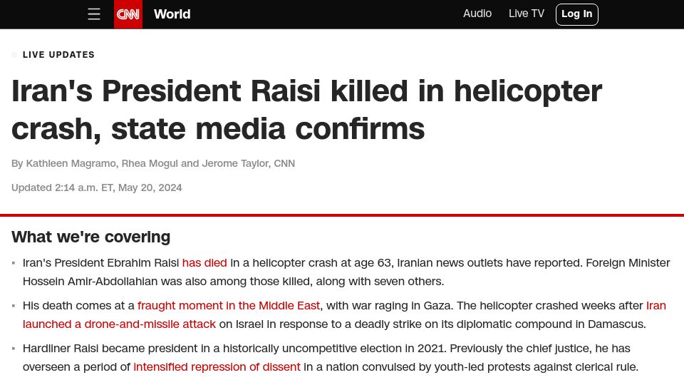 Screenshot of cnn.com: Iran's President Raisi killed in helicopter crash, state media confirms
