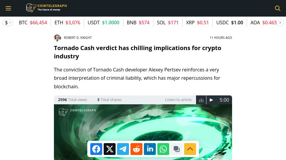 Screenshot of cointelegraph.com: Tornado Cash verdict has chilling implications for industry