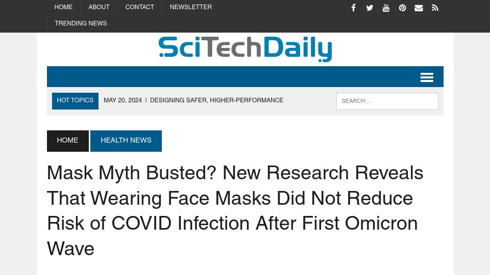 Screenshot of scitechdaily.com: New Research: Masks Didn't Reduce Covid Infection Risk After First Omicron Wave