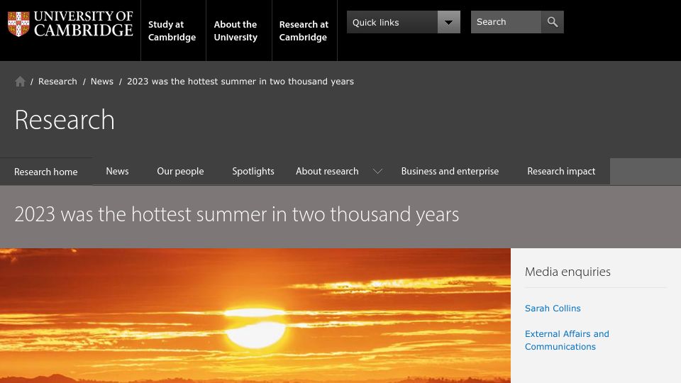 Screenshot of cam.ac.uk: 2023 was the hottest summer in two thousand years