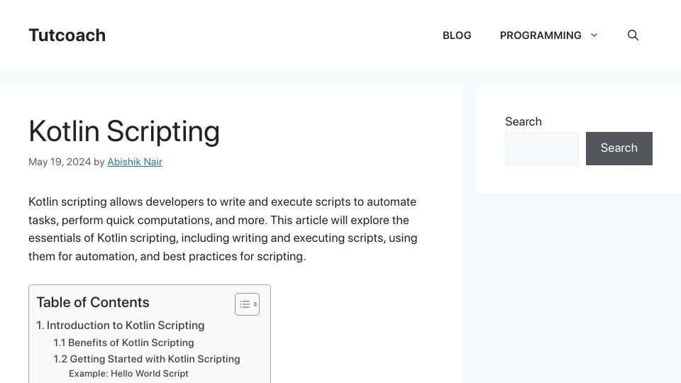 Screenshot of tutcoach.com: Kotlin Scripting