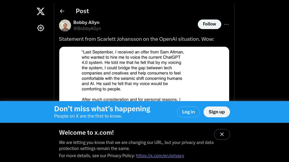 Screenshot of twitter.com: Statement from Scarlett Johansson on the OpenAI "Sky" voice