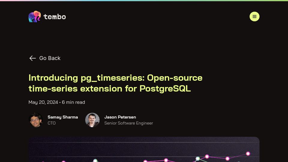Screenshot of tembo.io: pg_timeseries: Open-source time-series extension for PostgreSQL