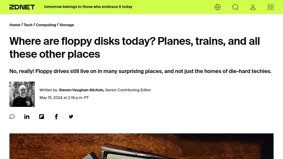 Screenshot of zdnet.com: Where are floppy disks today? Planes, trains, and all these other places