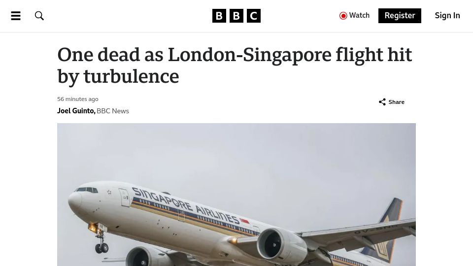 Screenshot of bbc.com: One dead as London-Singapore flight hit by turbulence