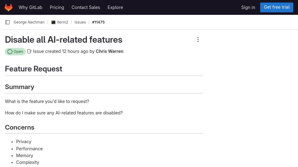Screenshot of gitlab.com: iTerm2 feature request: disable all AI-related features