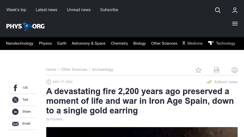Screenshot of phys.org: A fire 2,200 years ago preserved moment in Iron Age, down to a gold earring