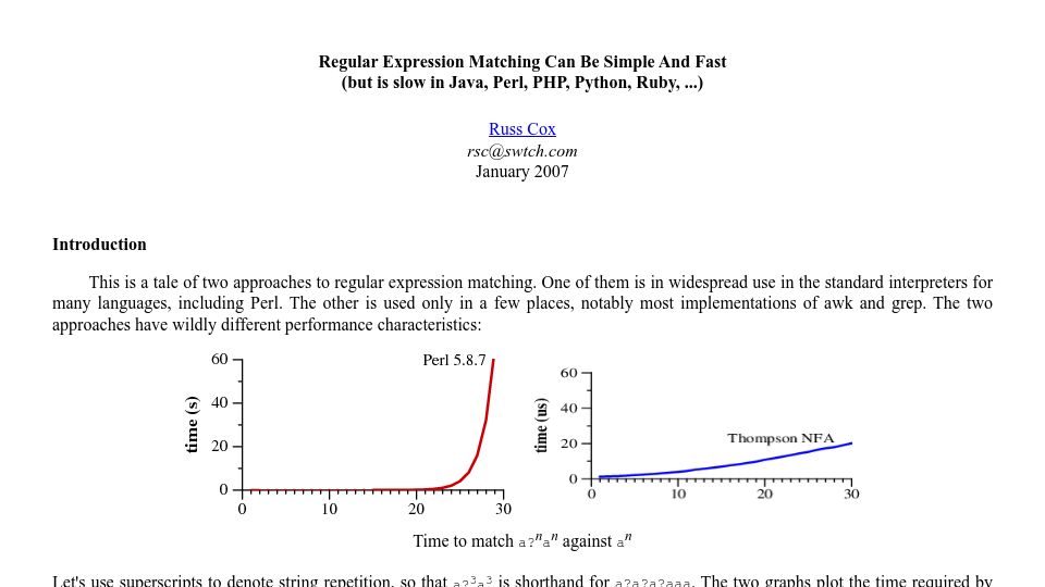 Screenshot of swtch.com: Regular expression matching can be simple and fast (2007)