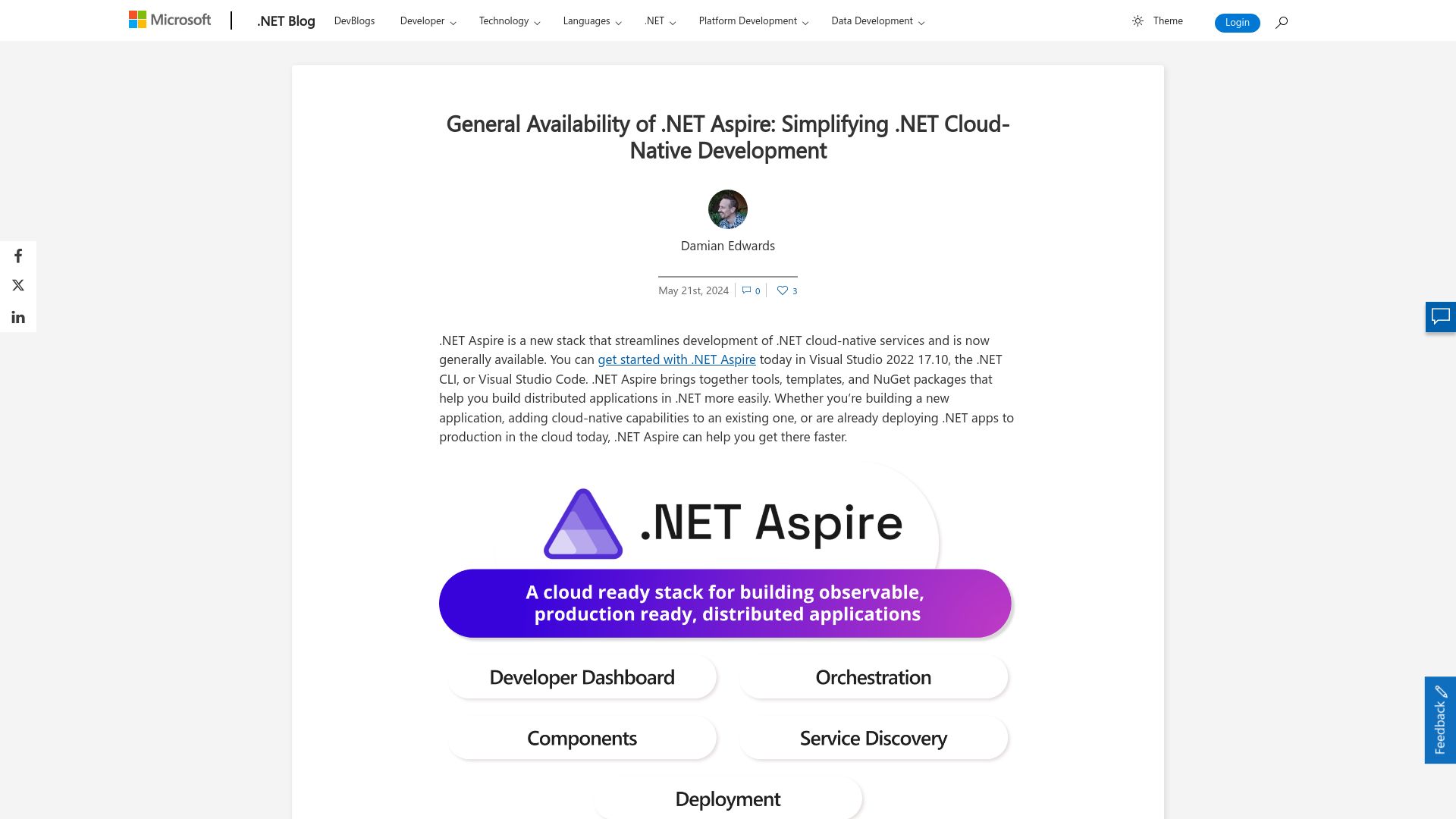 Screenshot of devblogs.microsoft.com: General Availability of .NET Aspire: Simplifying .NET Cloud-Native Development