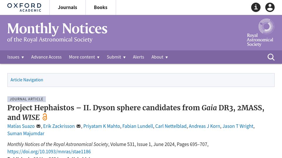 Screenshot of academic.oup.com: Dyson Sphere Candidates from Gaia DR3, 2MASS, and Wise