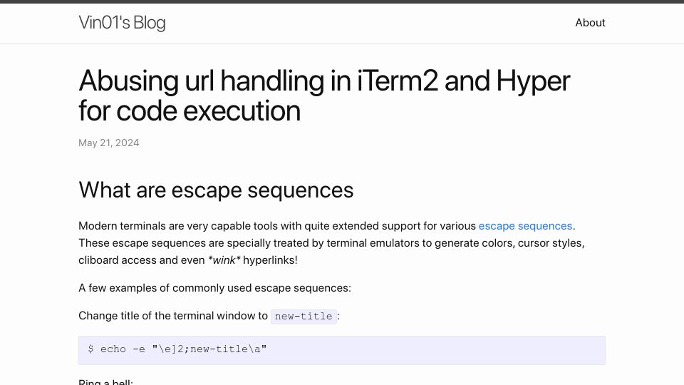 Screenshot of vin01.github.io: Abusing url handling in iTerm2 and Hyper for code execution