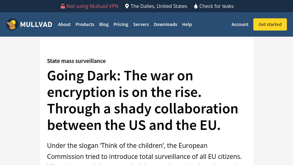 Screenshot of mullvad.net: Going Dark: The war on encryption is on the rise