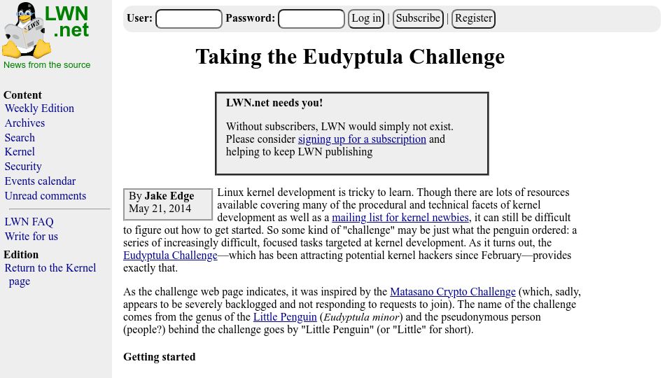 Screenshot of lwn.net: Eudyptula Challenge (2014)