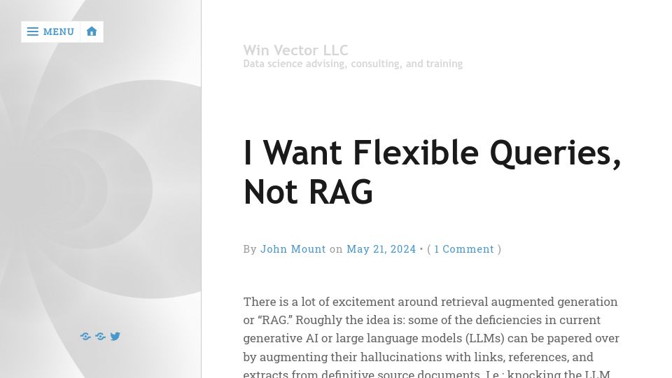Screenshot of win-vector.com: I want flexible queries, not RAG