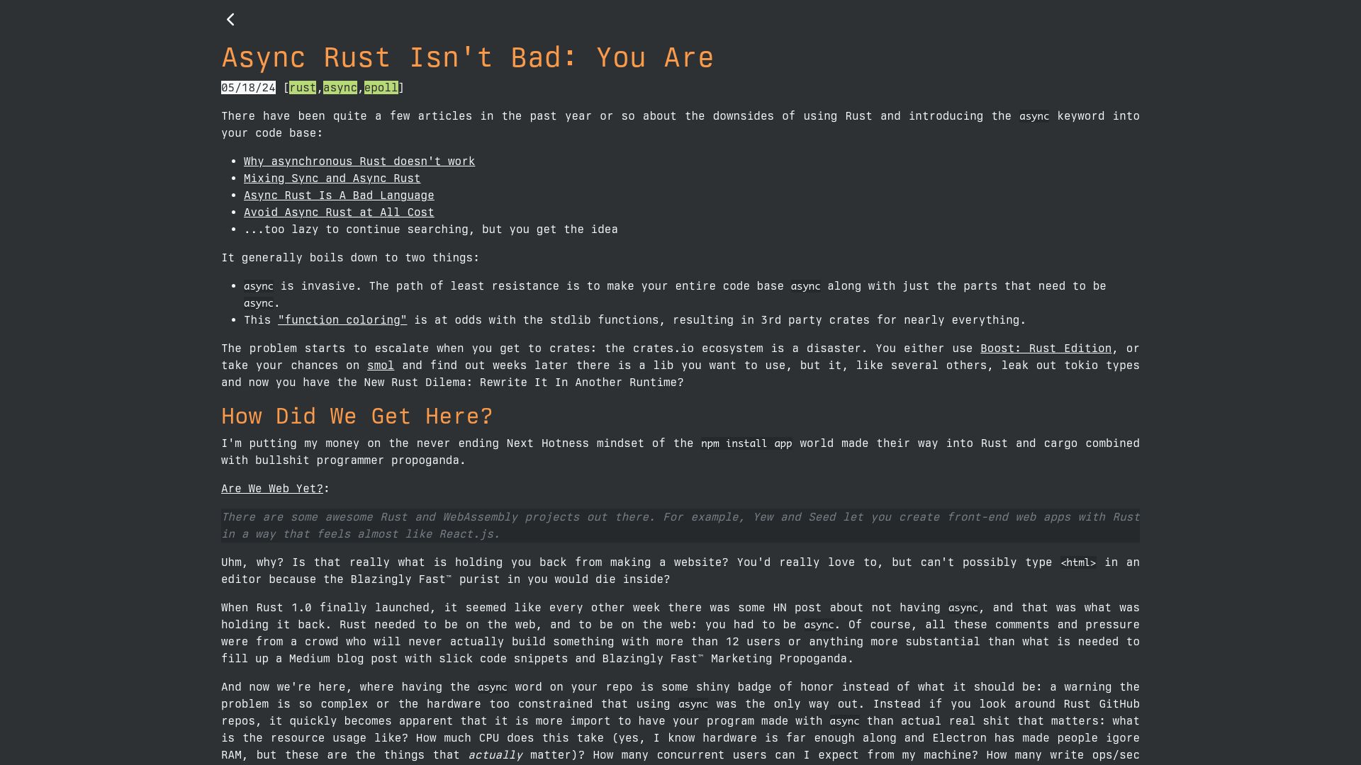 Screenshot of n8s.site: Async Rust Isn't Bad: You Are