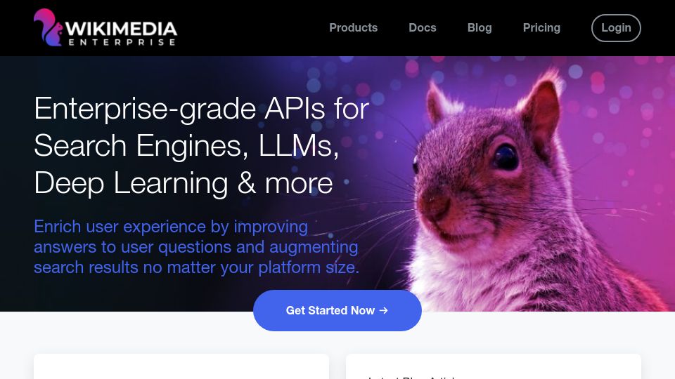 Screenshot of enterprise.wikimedia.com: Wikimedia Enterprise – APIs for LLMs, AI Training, and More