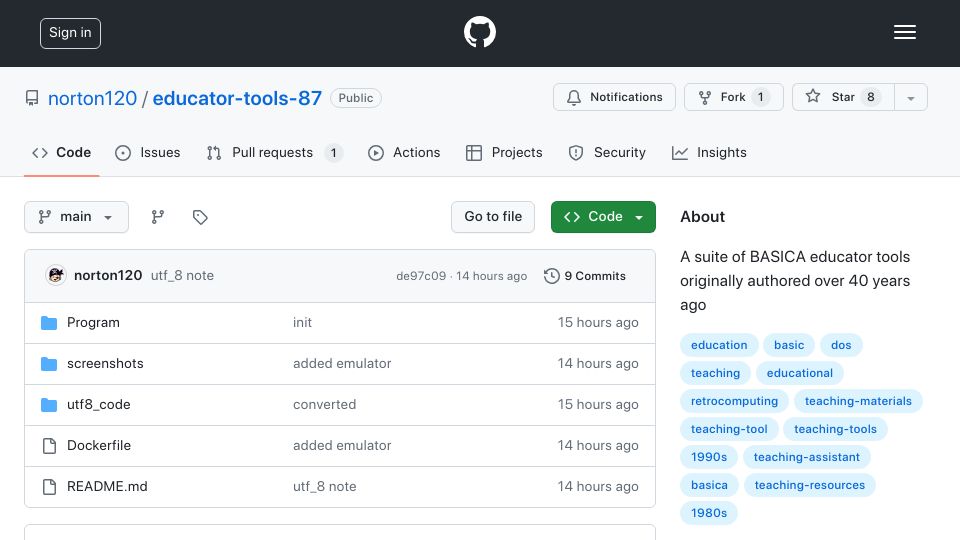 Screenshot of github.com: 40-Year old BASICA utility code for teaching